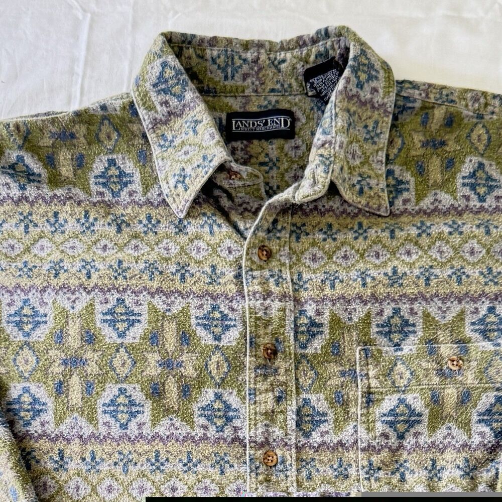 Lands End 90s Button-Up Mens XL Aztec Geometric Long Sleeve Curved hem southwest